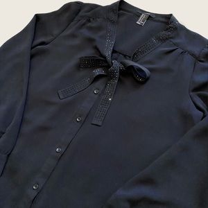 F21 Midnight Blue Embellished Bow Tie Blouse